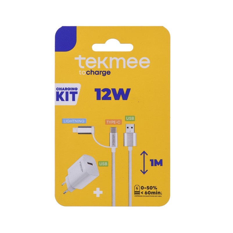 Комплект за пътуване TEKMEE 2 в 1, зарядно 12 W + USB кабел Type-C/Lightning, 40430381