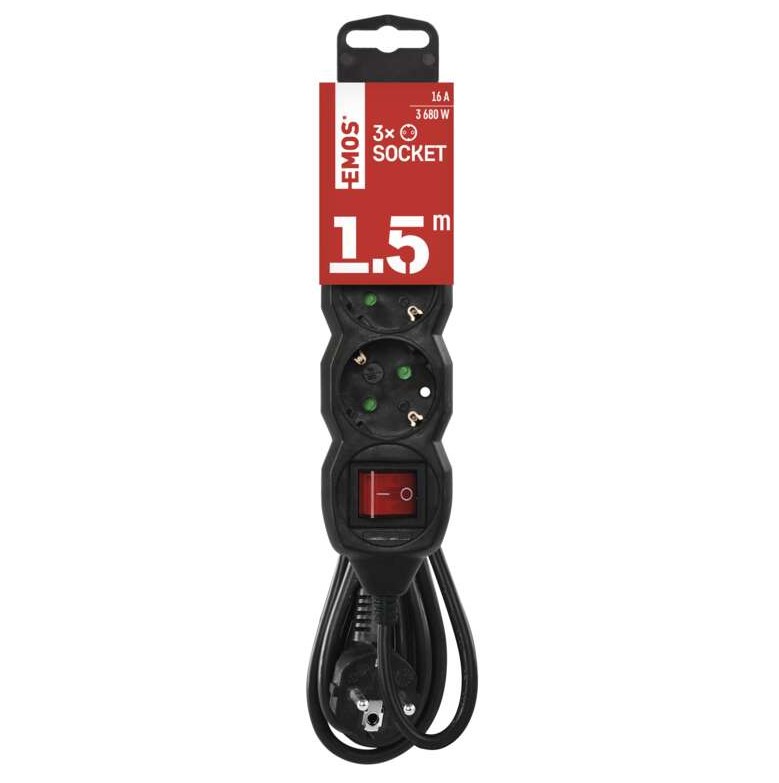 Разклонител EMOS 3-ка с ключ, кабел 1.5 м, 16 A, 3680 W, черен, PC1321R