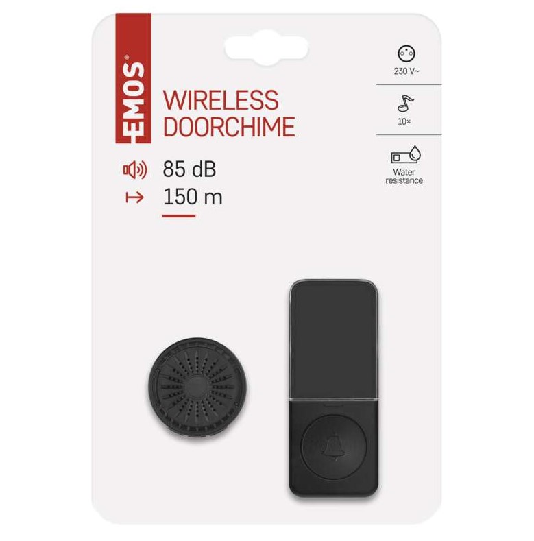 Безжичен звънец EMOS, черен, 150 м, 10 мелодии, IP56, 85 dB, P5734B