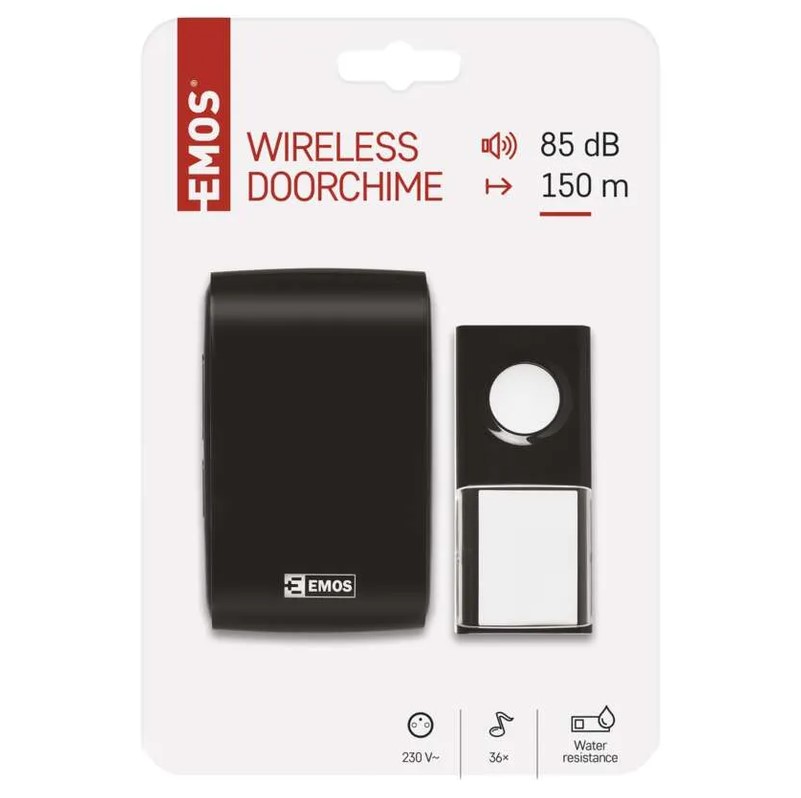 Безжичен звънец EMOS P5727, 150 м обхват, 36 мелодии, 85 dB, чере