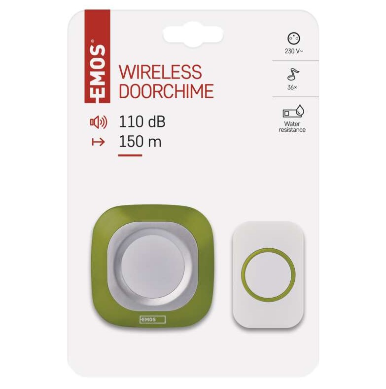 Безжичен звънец EMOS P5733G, 150 м, 110 dB, 36 мелодии, IP44