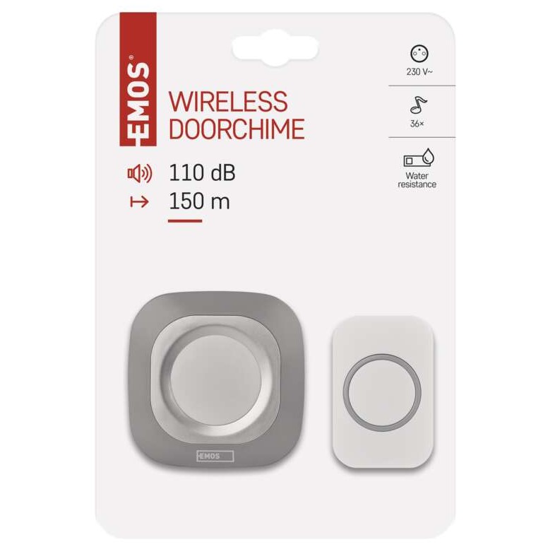 Безжичен звънец EMOS P5733S, 150 м обхват, 110 dB, 36 мелодии, IP44