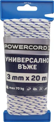 Въже синтетично Powercord от полипропилен плетено ф 3 мм, 20 м, 70 кг, бяло