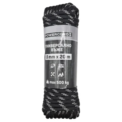 Въже синтетично Powercord от полипропилен плетено ф 8 мм, 20 м, 500 кг, черно