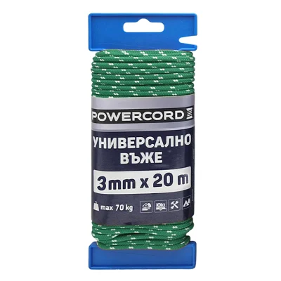 Въже синтетично Powercord от полипропилен плетено ф 3 мм, 20 м, 70 кг, зелено