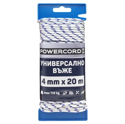 Въже синтетично Powercord от полипропилен плетено ф 4 мм, 20 м, 110 кг, бяло