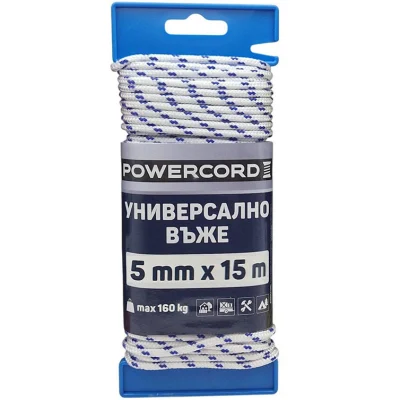Въже синтетично Powercord от полипропилен плетено ф 5 мм, 15 м, 160 кг, бяло