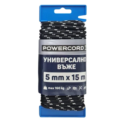 Въже синтетично Powercord от полипропилен плетено ф 5 мм, 15 м, 160 кг, черно