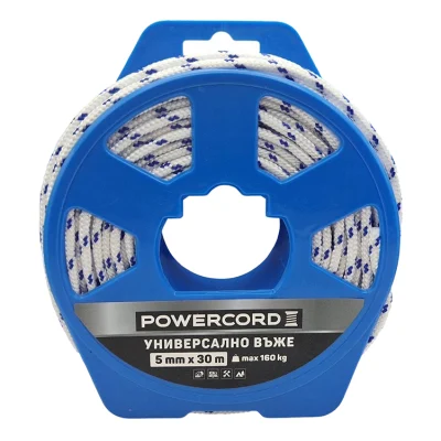 Въже синтетично Powercord от полипропилен плетено ф 5 мм, 30 м, 160 кг, бяло
