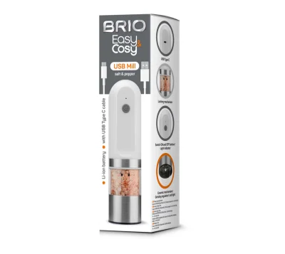 Електрическа мелница Brio Easy Cosy, за сол/пипер с USB, бяла, керамичен механизъм, Ø5.2х19.5см